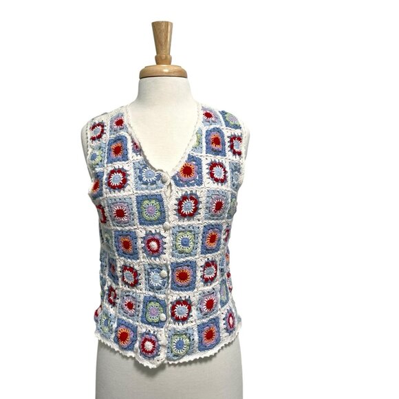 Vintage Granny Square Crochet Vest Boho Hippie Gypsy Festival size Large Petite - Picture 1 of 9